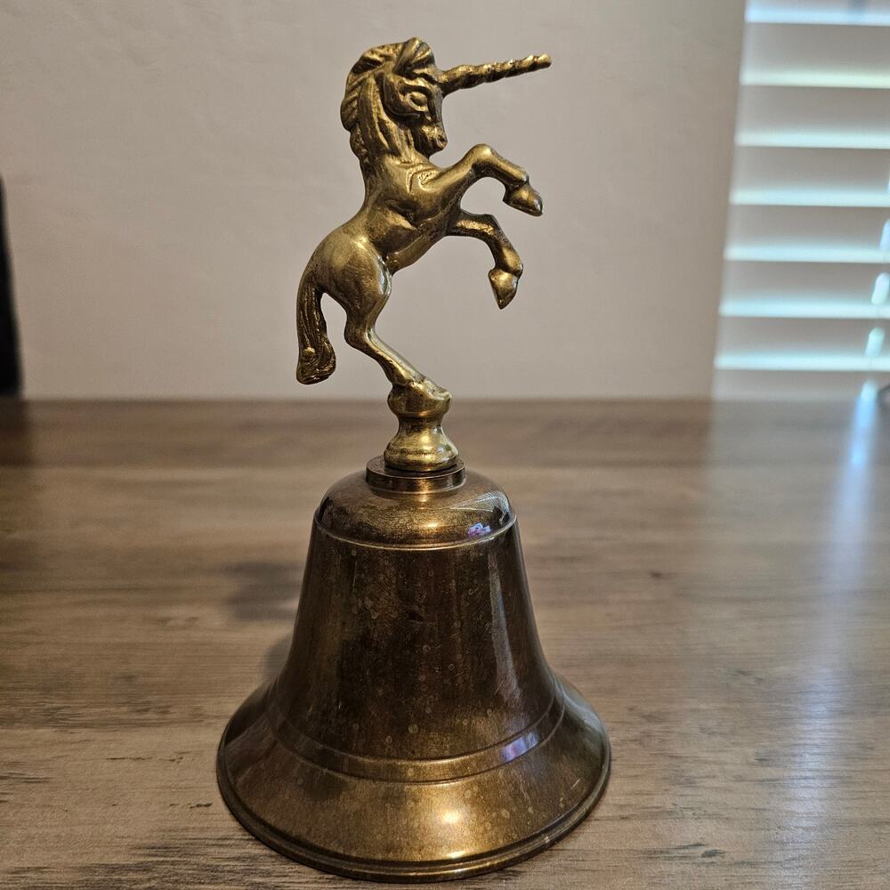 Vintage Brass Carved Hand Bell Heavy MCM Collectible 5" Victorian Abstract Home